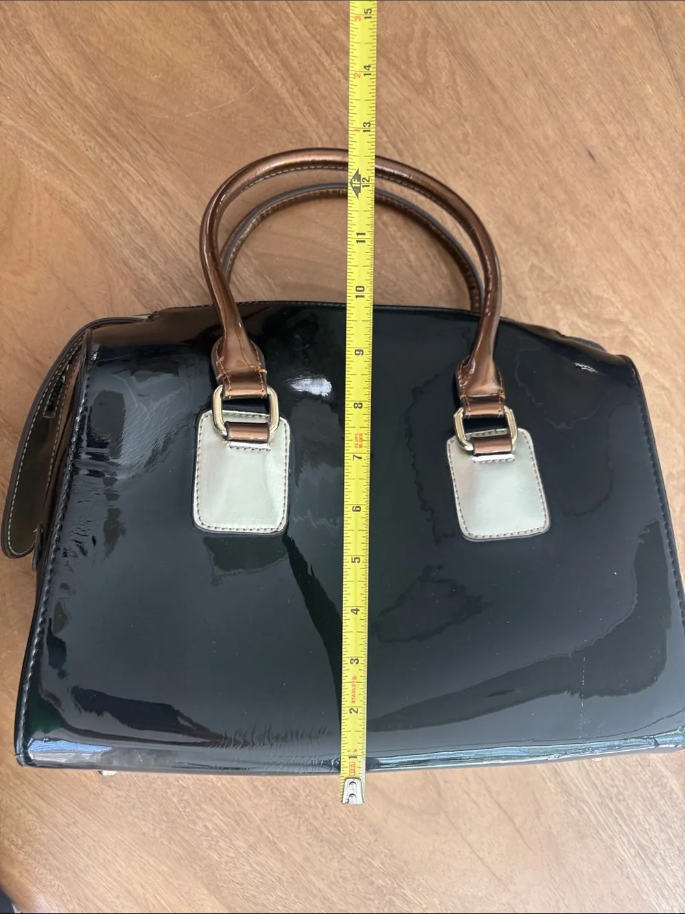 Large Black Charol Satchel with Tan Handles